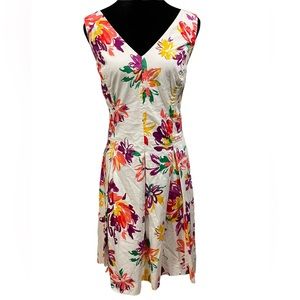 Chaps Vibrant Artsy Floral Sleeveless V Neck Stretch Pleated Tea Time Dress